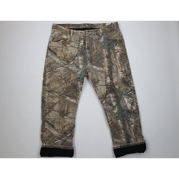 Vintage Wrangler Mens 40x30 Faded Fleece Lined Wide Leg Camouflage Denim Jeans - Picture 1 of 15
